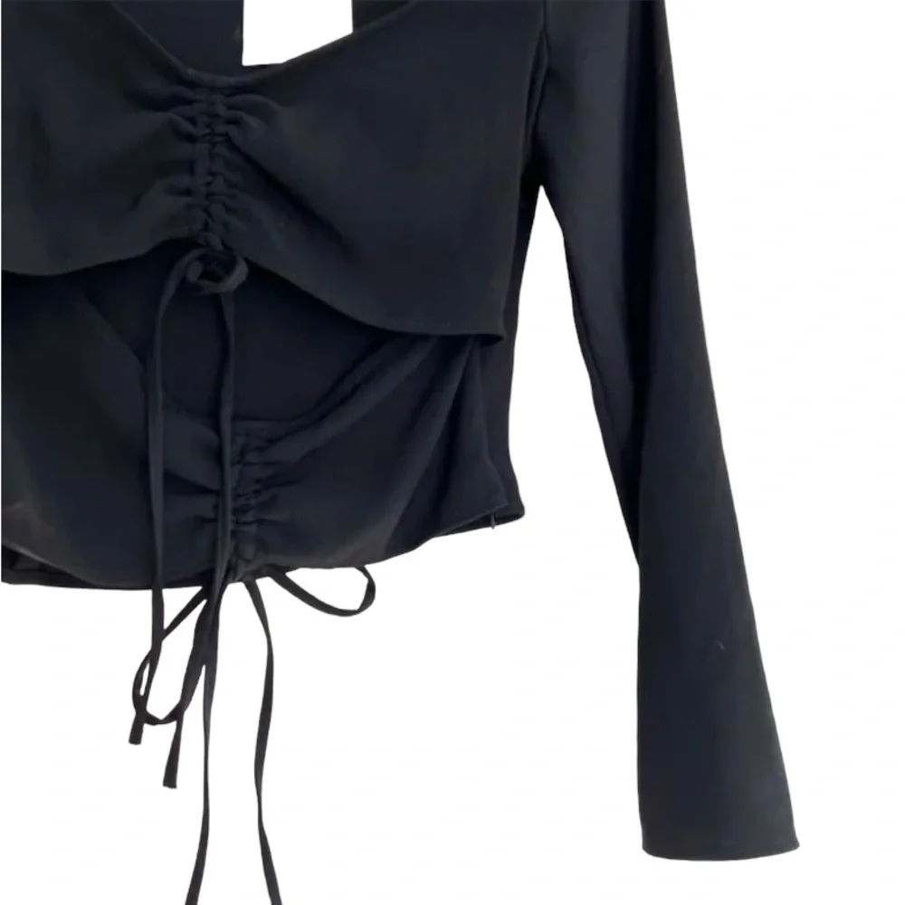 Zara Ruched Cut Out Long Sleeve Top in Black
